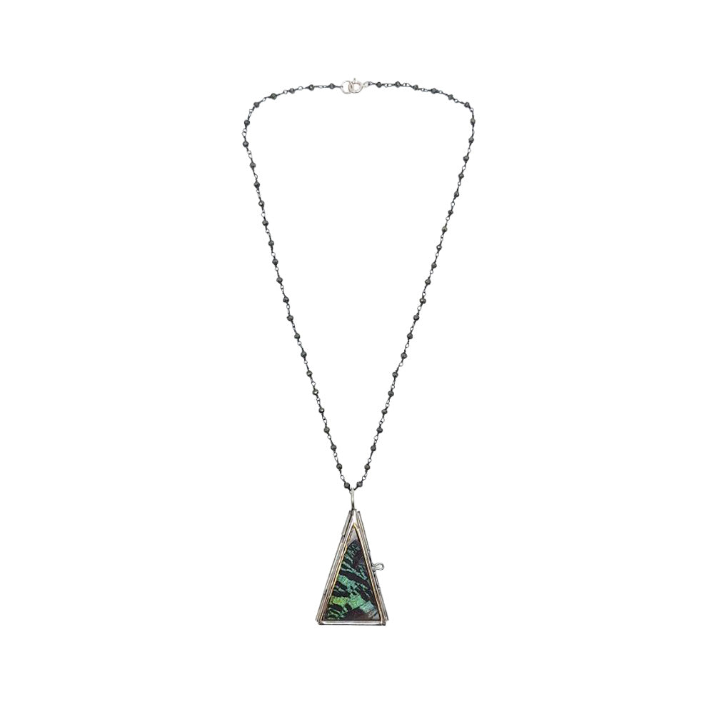 Butterfly triangle necklace with a sunset moth wing pendant on a dark beaded chain.
