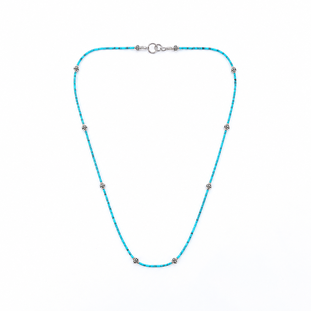 Delicate turquoise blue beaded necklace featuring evenly spaced silver-tone accent beads and a silver-tone clasp, photographed on a white background.