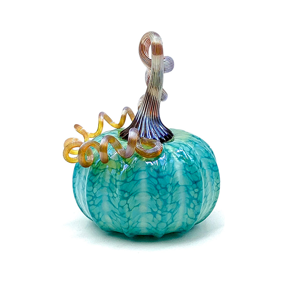 Side view of teal blown glass pumpkin with tall curled glass stem.