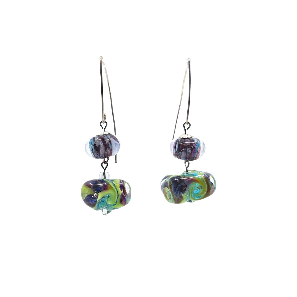 Multi-color swirl double glass earrings with green, turquoise, purple, and blue glass beads on sterling silver hooks.