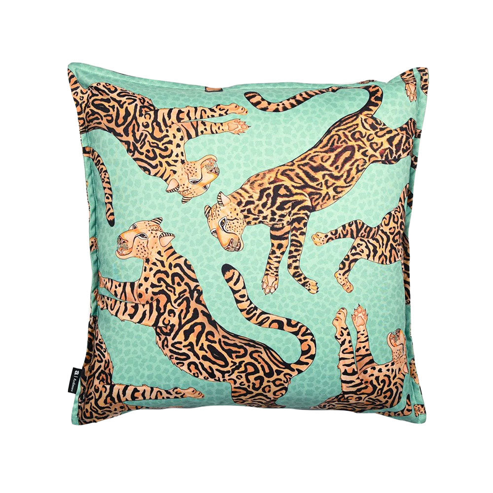 Reverse view of the mint green Cheetah Kings Pillow displaying the continued leopard print against a subtle textured background.