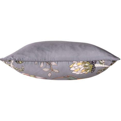 Side view of the gray decorative pillow showing the solid reverse and a narrow section of the colorful bird-and-botanical print.