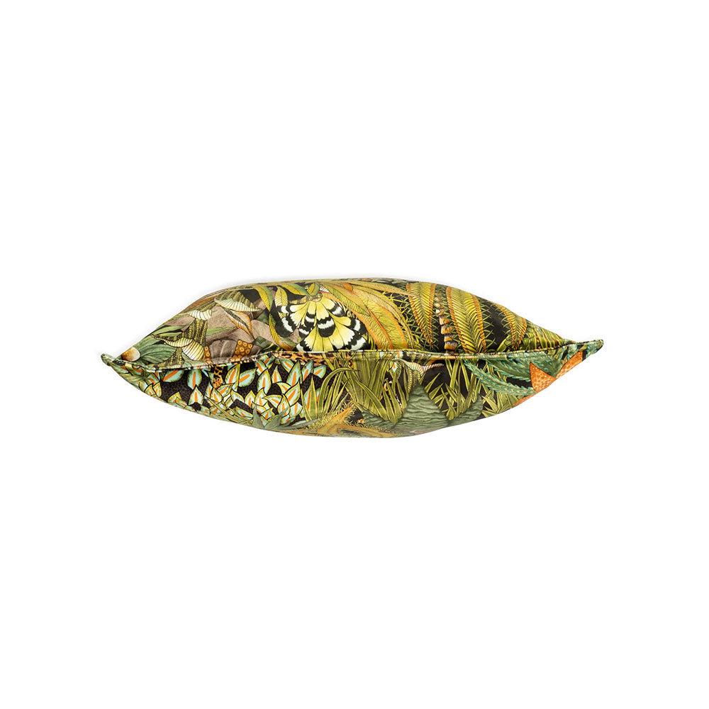 Top-down view showing the filled, plush profile and knife-edge seam of the Sabie Forest Pillow.