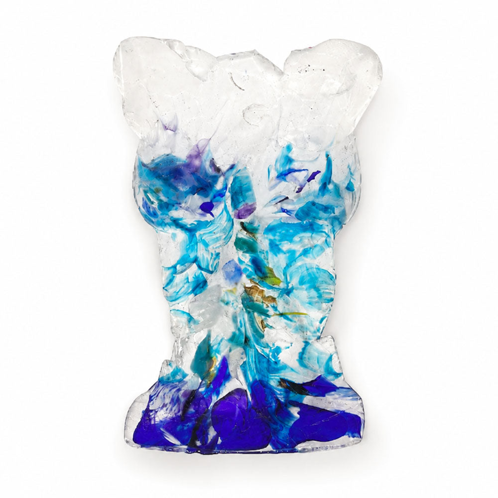 Front view of a handmade translucent glass bust sculpture with abstract turquoise, aqua, cobalt blue, purple, and clear glass details, shown without a display stand on a white background.