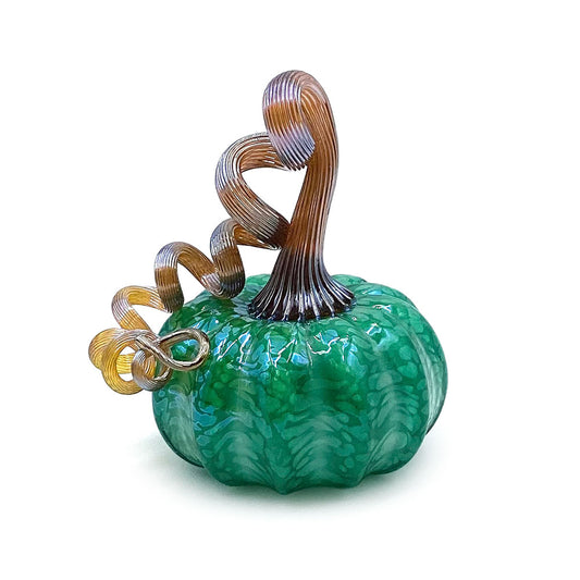 Green decorative glass pumpkin with a marbled finish and tall curling amber, brown, and lavender glass stem, displayed on a white background.
