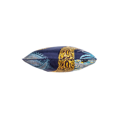 Top-down view showing the filled profile of the navy Cheetah Kings Forest pillow, highlights the continuous pattern execution on both sides.