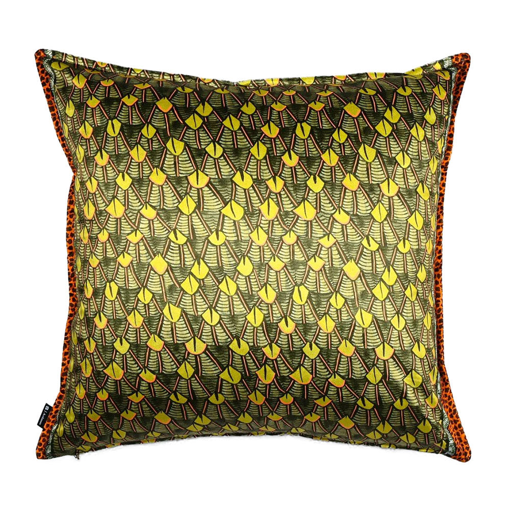 Back view of the Feather Pillow showcasing the continuous stylized green and yellow feather pattern and leopard-print piped rim.