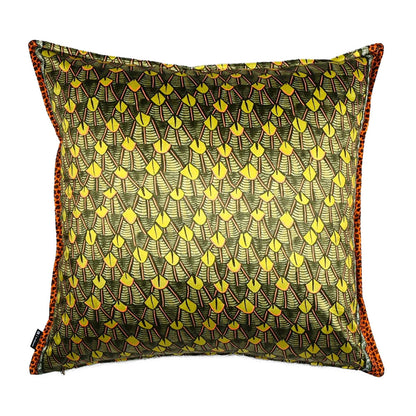 Back view of the Feather Pillow showcasing the continuous stylized green and yellow feather pattern and leopard-print piped rim.