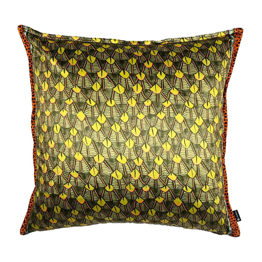 Front view of the square Feather Pillow featuring a green and yellow stylized feather motif with leopard-print piping along the edges.