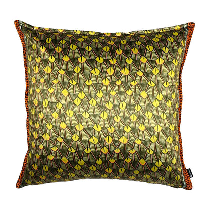 Front view of the square Feather Pillow featuring a green and yellow stylized feather motif with leopard-print piping along the edges.
