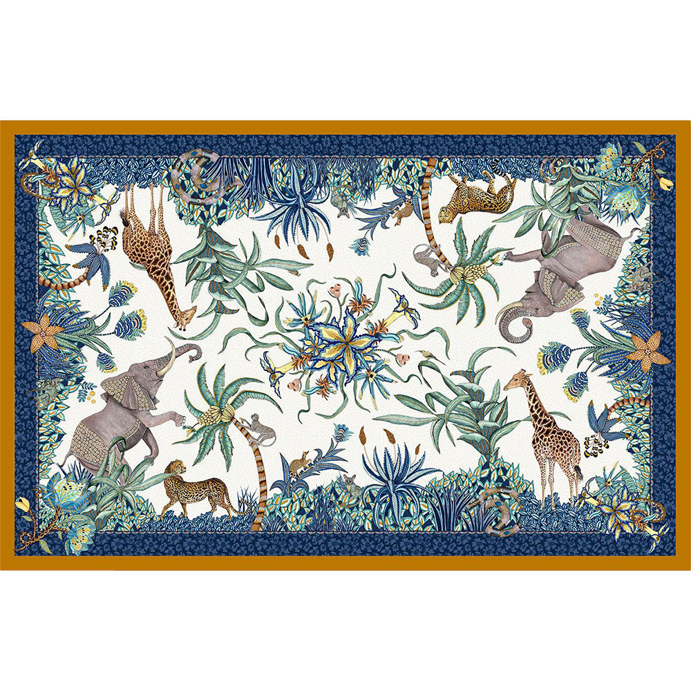 Rectangular Ardmore tablecloth featuring elephants, giraffes, leopards, monkeys, birds, and lush tropical foliage framed by a deep blue patterned border.