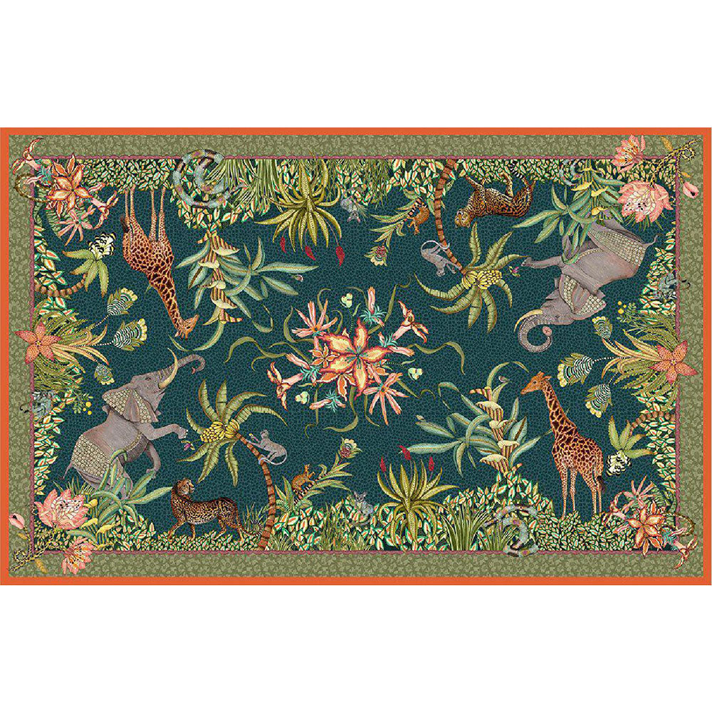 Rectangular Ardmore tablecloth featuring elephants, giraffes, leopards, monkeys, birds, and vibrant tropical foliage on a deep green background with a patterned border.