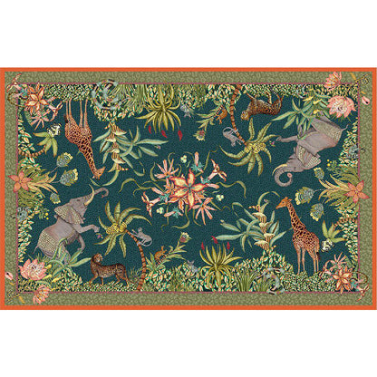 Rectangular Ardmore tablecloth featuring elephants, giraffes, leopards, monkeys, birds, and vibrant tropical foliage on a deep green background with a patterned border.