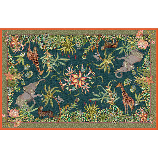 Rectangular Ardmore tablecloth featuring elephants, giraffes, leopards, monkeys, birds, and vibrant tropical foliage on a deep green background with a patterned border.