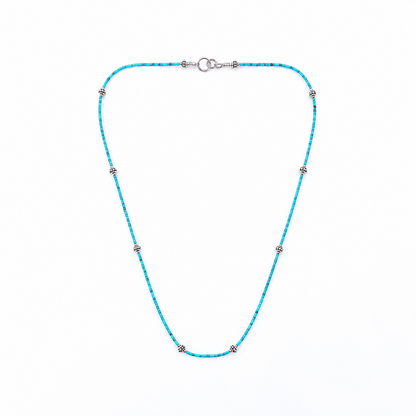 Delicate turquoise blue beaded necklace featuring evenly spaced silver-tone accent beads and a silver-tone clasp, photographed on a white background.