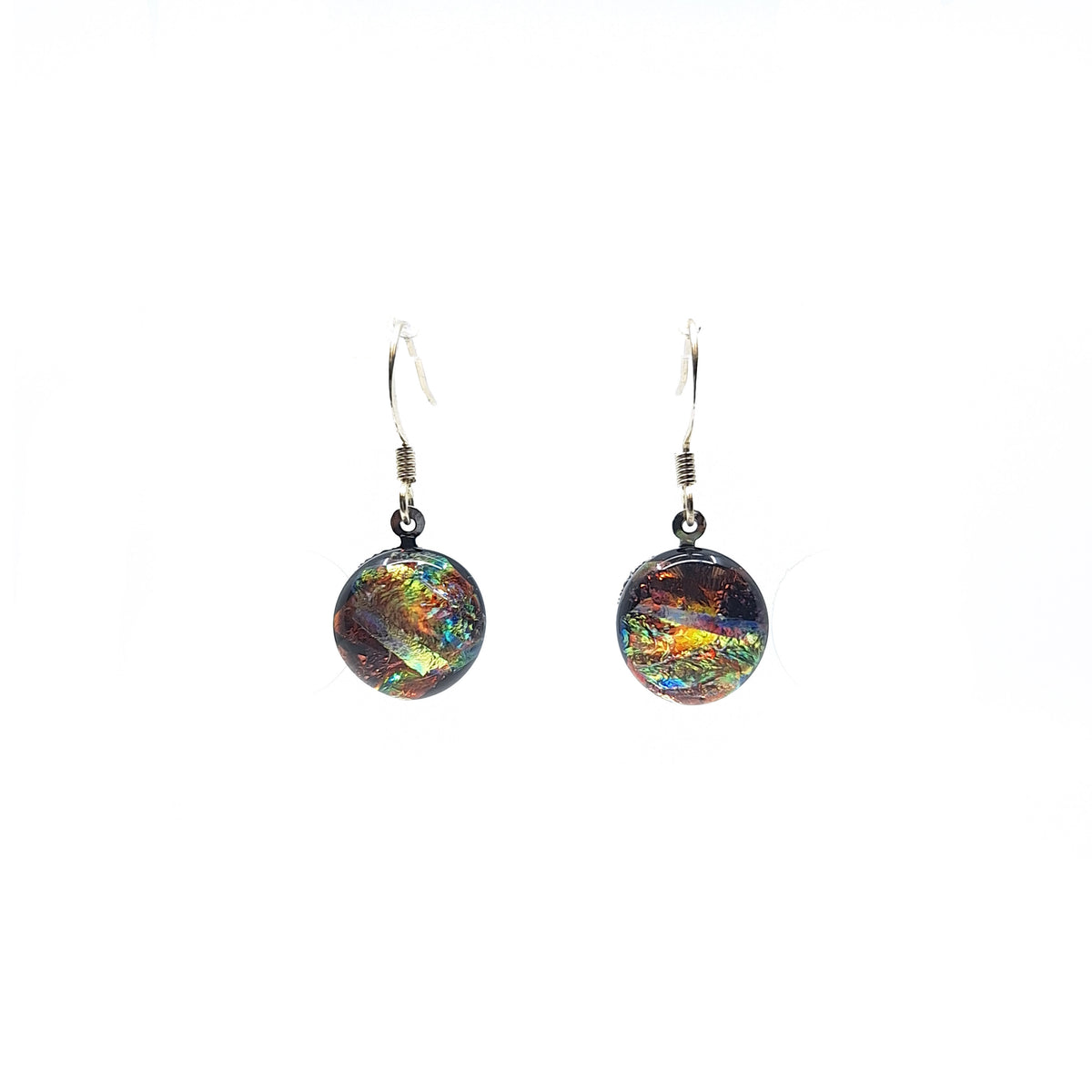 Dichroic glass earrings with round rainbow fused glass drops on sterling silver hooks.
