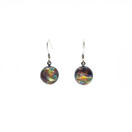 Dichroic glass earrings with round rainbow fused glass drops on sterling silver hooks.