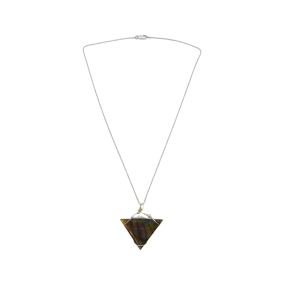 Full view of the Labradorite Triangle Necklace featuring a delicate silver-tone chain with a geometric triangular labradorite pendant centered against a white background.