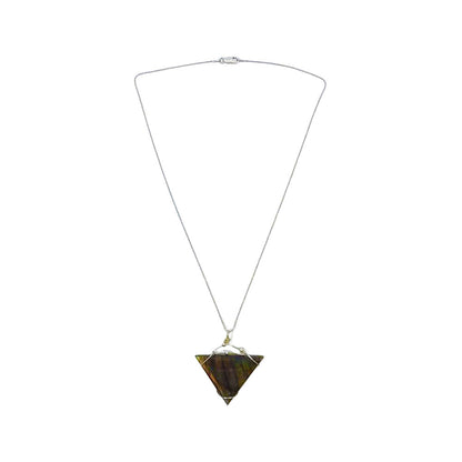 Full view of the Labradorite Triangle Necklace featuring a delicate silver-tone chain with a geometric triangular labradorite pendant centered against a white background.