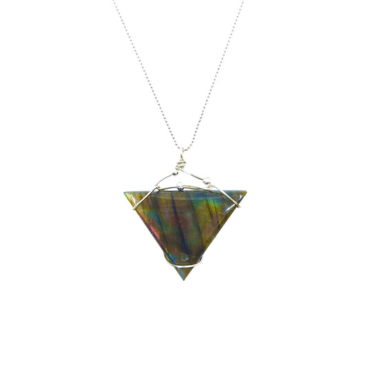 Close-up of the Labradorite Triangle Necklace featuring a triangular labradorite stone pendant with iridescent blue, green, gold, and smoky tones set within a geometric metal frame.