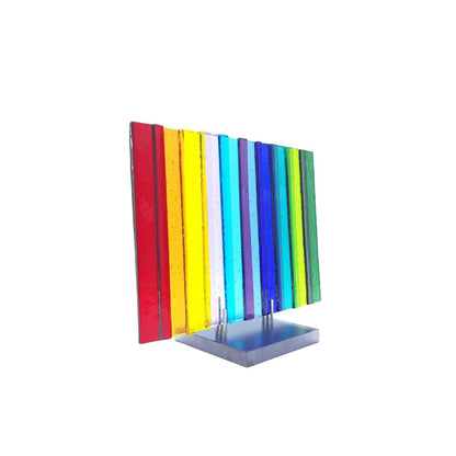 Front view of the Medium Rainbow Panel featuring vertical glass strips in red, orange, yellow, lavender, turquoise, blue, lime green, and emerald on a silver-tone base.