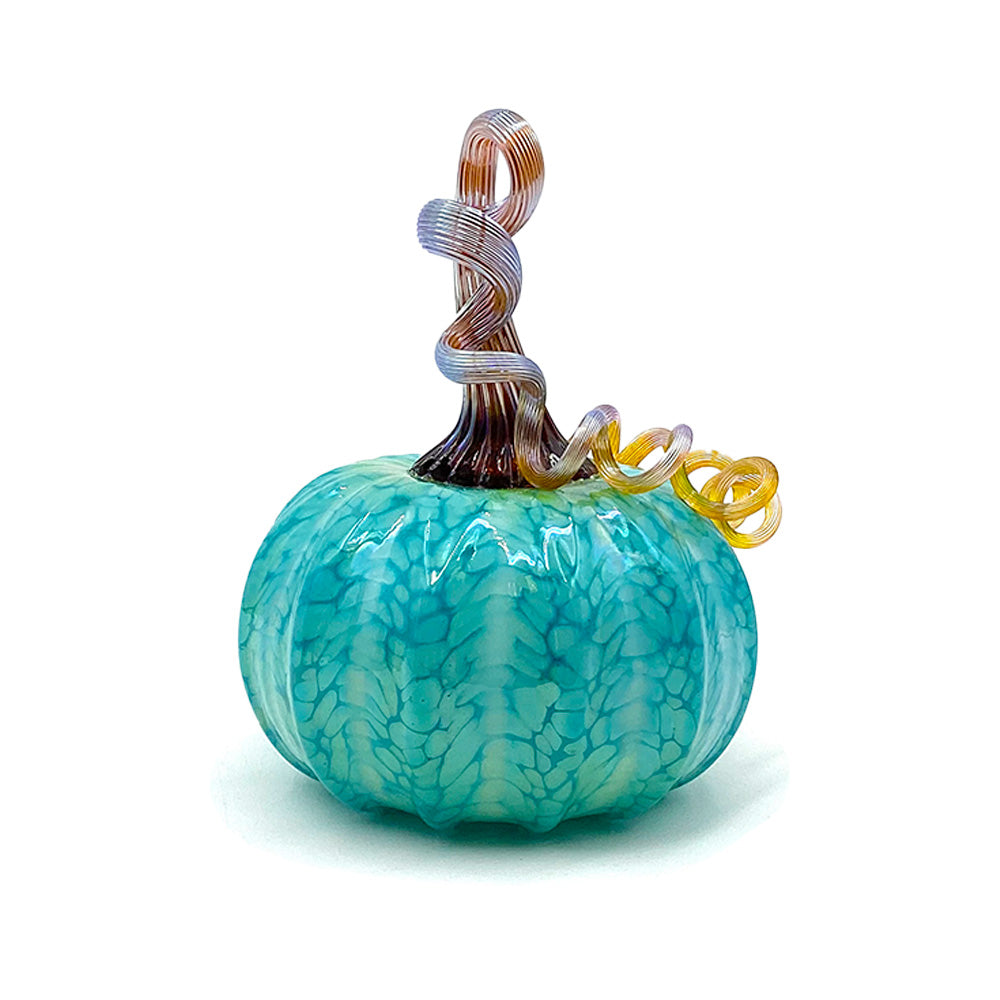 Medium teal blown glass pumpkin with marbled patterning and curled glass stem.
