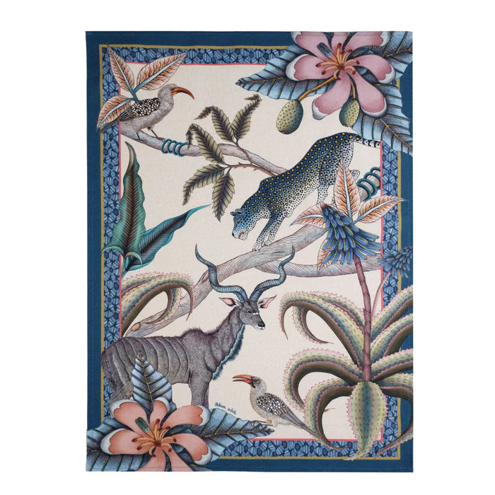 Rectangular Ardmore tea towel featuring a leopard, kudu antelope, birds, tropical flowers, and lush foliage framed by a blue patterned border.