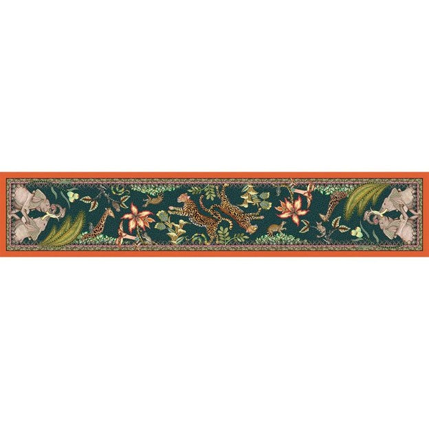 Full view of a long Ardmore table runner decorated with African wildlife, birds, flowers, and botanical details against a dark green background.