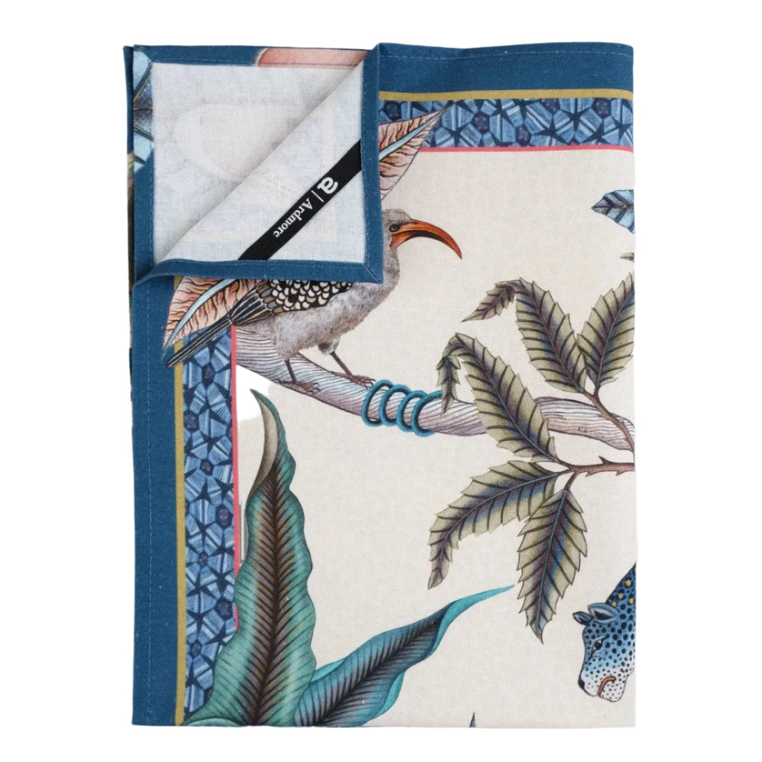 Folded Ardmore tea towel showing a bird, leafy branches, blue patterned border, and black brand label.