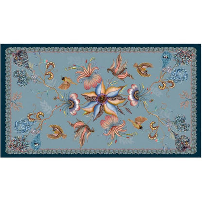 Mist blue Thanda Nest tablecloth with African masked weaver birds, flowers, foliage, and woven nest details.