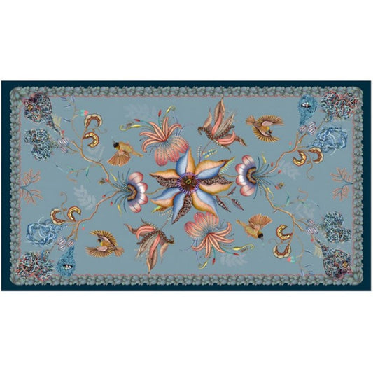Mist blue Thanda Nest tablecloth with African masked weaver birds, flowers, foliage, and woven nest details.