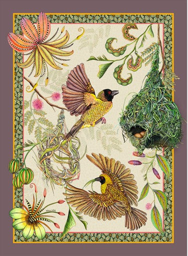 Decorative botanical textile featuring two yellow-and-black birds beside hanging woven nests, surrounded by tropical flowers, vines, seedpods, and a patterned border.