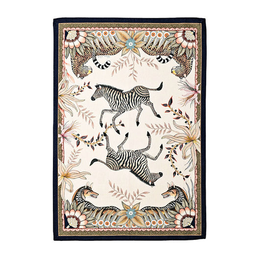 Bush Bandits Tea Towel featuring illustrated zebras and leopards surrounded by stylized flowers, leaves, and decorative borders on a warm cream background.