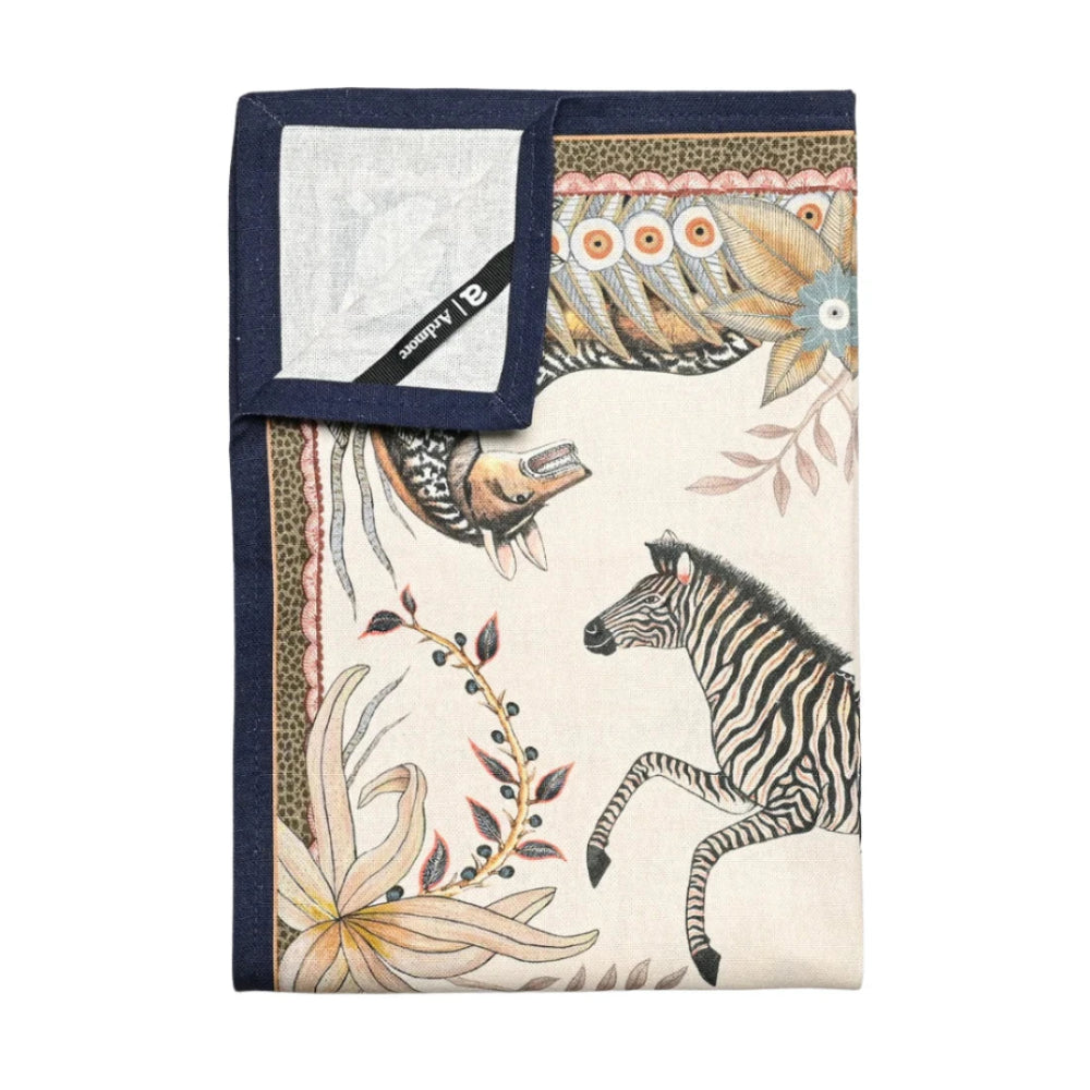 Back and folded view of the Bush Bandits Tea Towel showing the patterned front, light fabric backing, dark border, and Ardmore label.