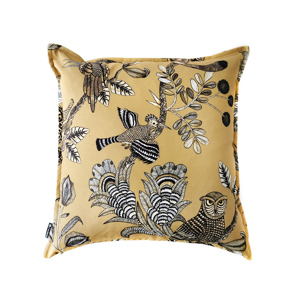 Reverse view of the ochre-yellow Camp Critters Pillow displaying an owl and a bird in flight set against black-and-white stylized flora on a warm yellow background. 
