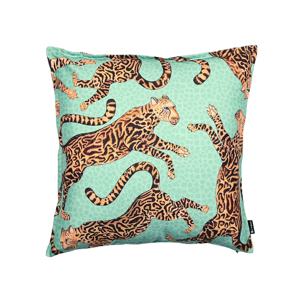 Front view of the light mint green Cheetah Kings Pillow featuring an allover pattern of leaping and lounging leopards. 