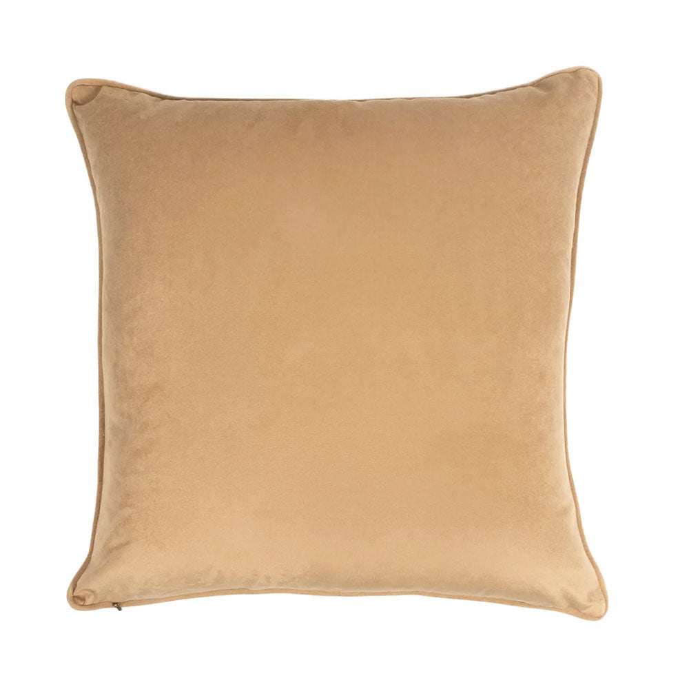 Reverse view of the throw pillow showing a solid beige soft fabric back with piping along the edge. 