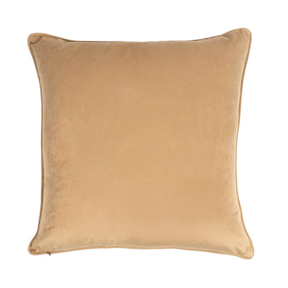Reverse view of the throw pillow showing a solid beige soft fabric back with piping along the edge. 