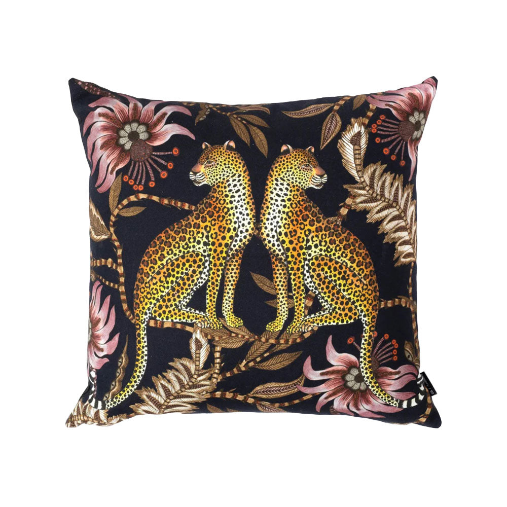 Front view of the back Lovebird Leopards Pillow featuring two symmetrical leopards sitting back-to-back surround by dusty pink floral illustrations and neutral foliage. 