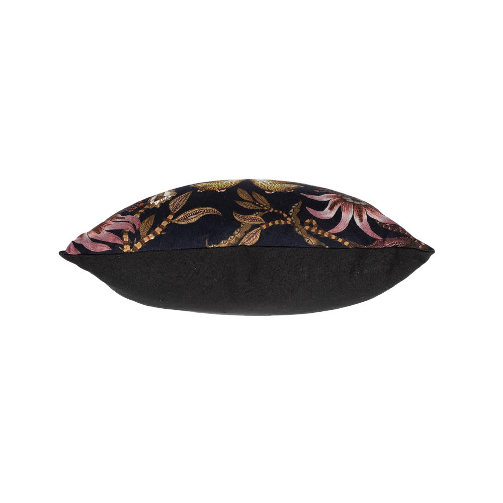 Top-down view showing the filled profile of the black Lovebird Leopard Pillow, contrasting the patterned front face with the solid black reverse. 