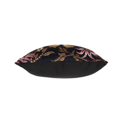 Top-down view showing the filled profile of the black Lovebird Leopard Pillow, contrasting the patterned front face with the solid black reverse. 