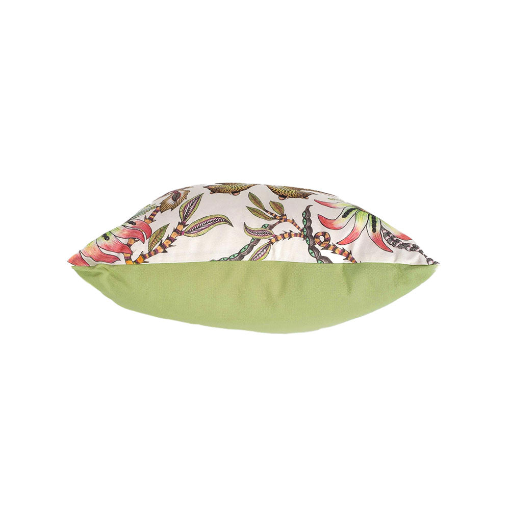 Top-down view showing the filled profile of the white Lovebird Leopards Pillow, contrasting the patterned front face with the solid lime green reverse. 