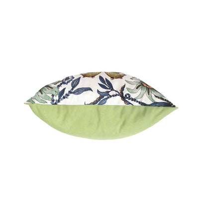 Top-down view showing the filled profile of the Lovebird Leopards Pillow, highlighting the pattern on the front and the solid lime green fabric on the reverse. 
