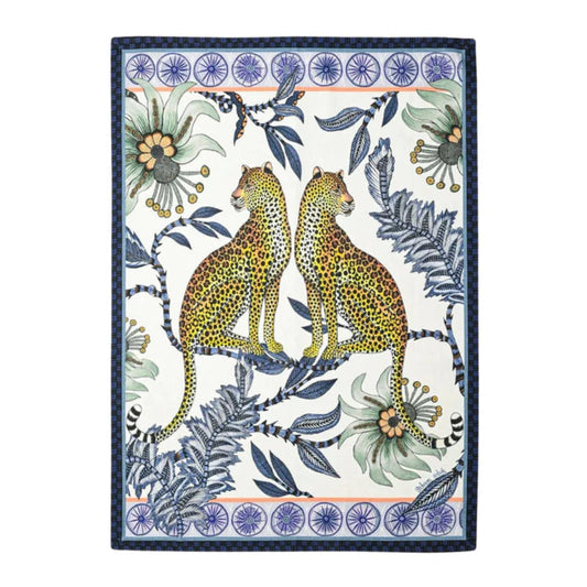 Lovebird Leopards Tea Towel featuring two spotted leopards facing each other among blue and green botanical foliage, flowers, and decorative borders on a cream background.