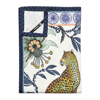 Back and folded view of the Lovebird Leopards Tea Towel showing the patterned front, light fabric backing, dark blue border, and Ardmore label.