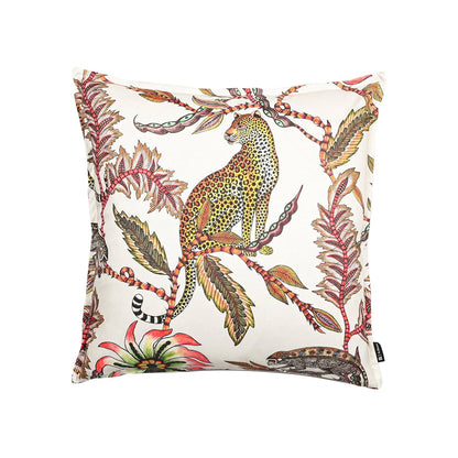 Front view of the white Monkey Bean Pillow featuring a colorful botanical print with a sitting leopard surrounded by vibrant tropical vines and flora. 