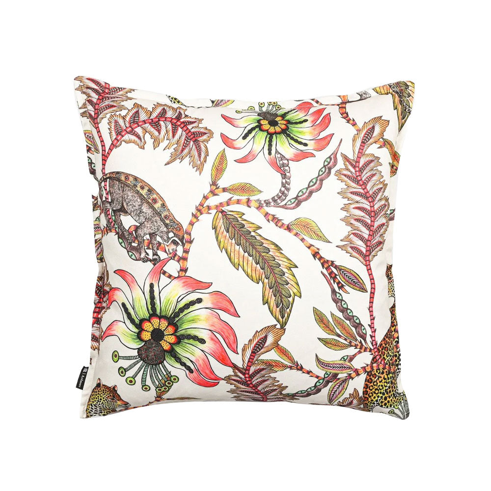 Reverse view of the white Monkey Bean Pillow displaying the continued botanical design with a monkey perched among tropical leaves and passion flowers. 