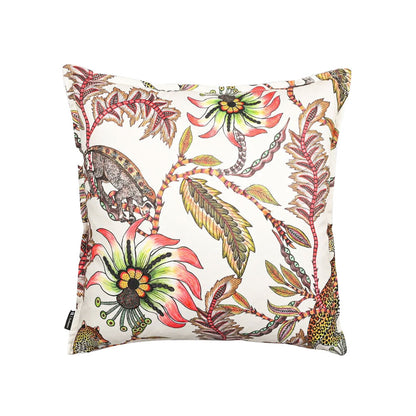 Reverse view of the white Monkey Bean Pillow displaying the continued botanical design with a monkey perched among tropical leaves and passion flowers. 