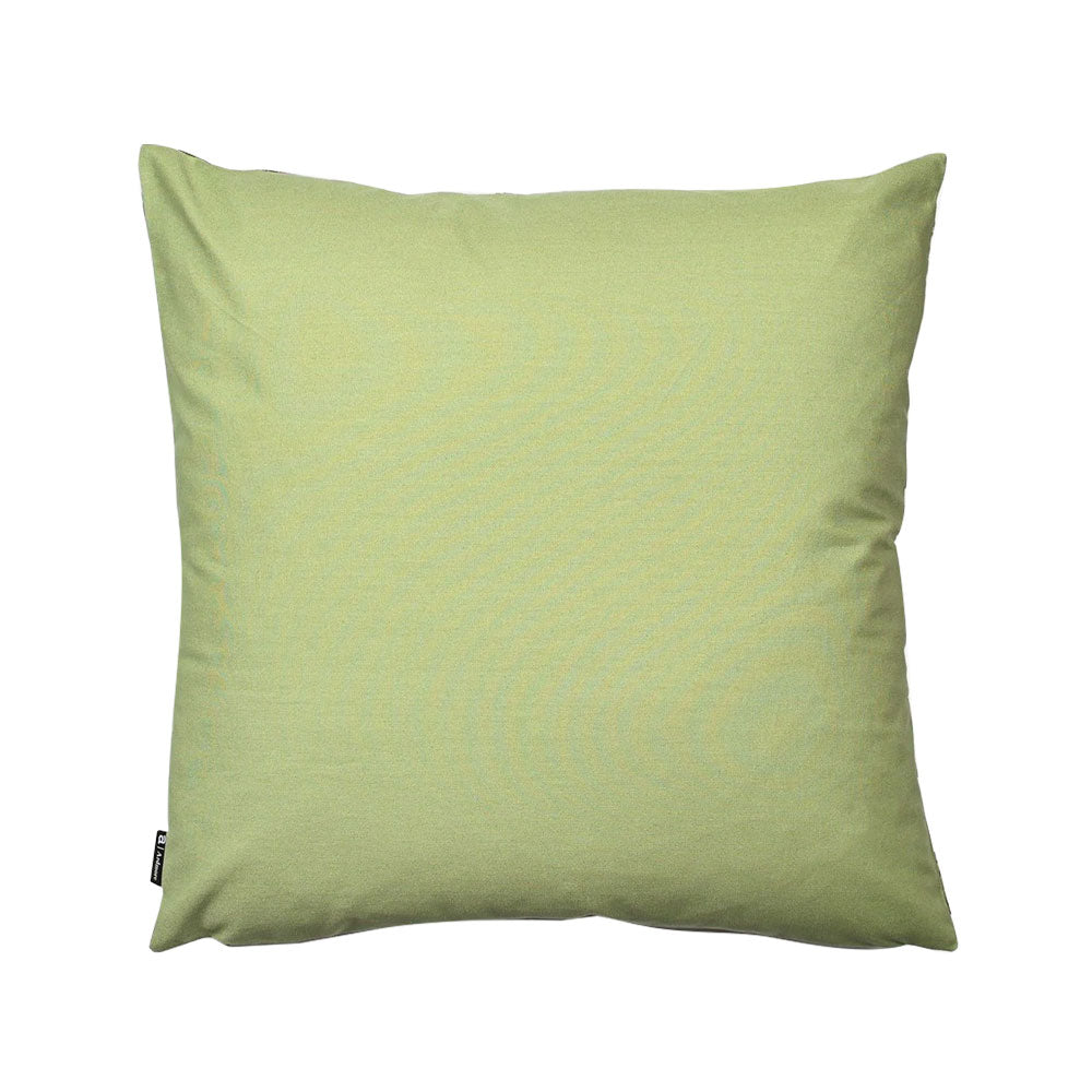 Reverse view of the white Monkey Bean Pillow displaying solid sage green fabric. 