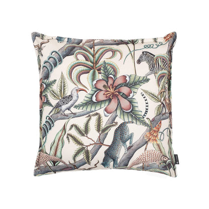 Front view of the square Pangolin Park Pillow on a white backdrop featuring a cream-colored botanical print with pangolins, leopards, zebras, and tropical flora.